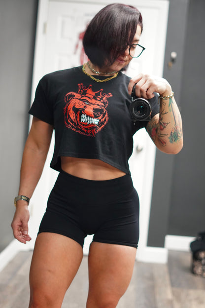 Women Bear With Crown Red Print crop top - Bearclothing 