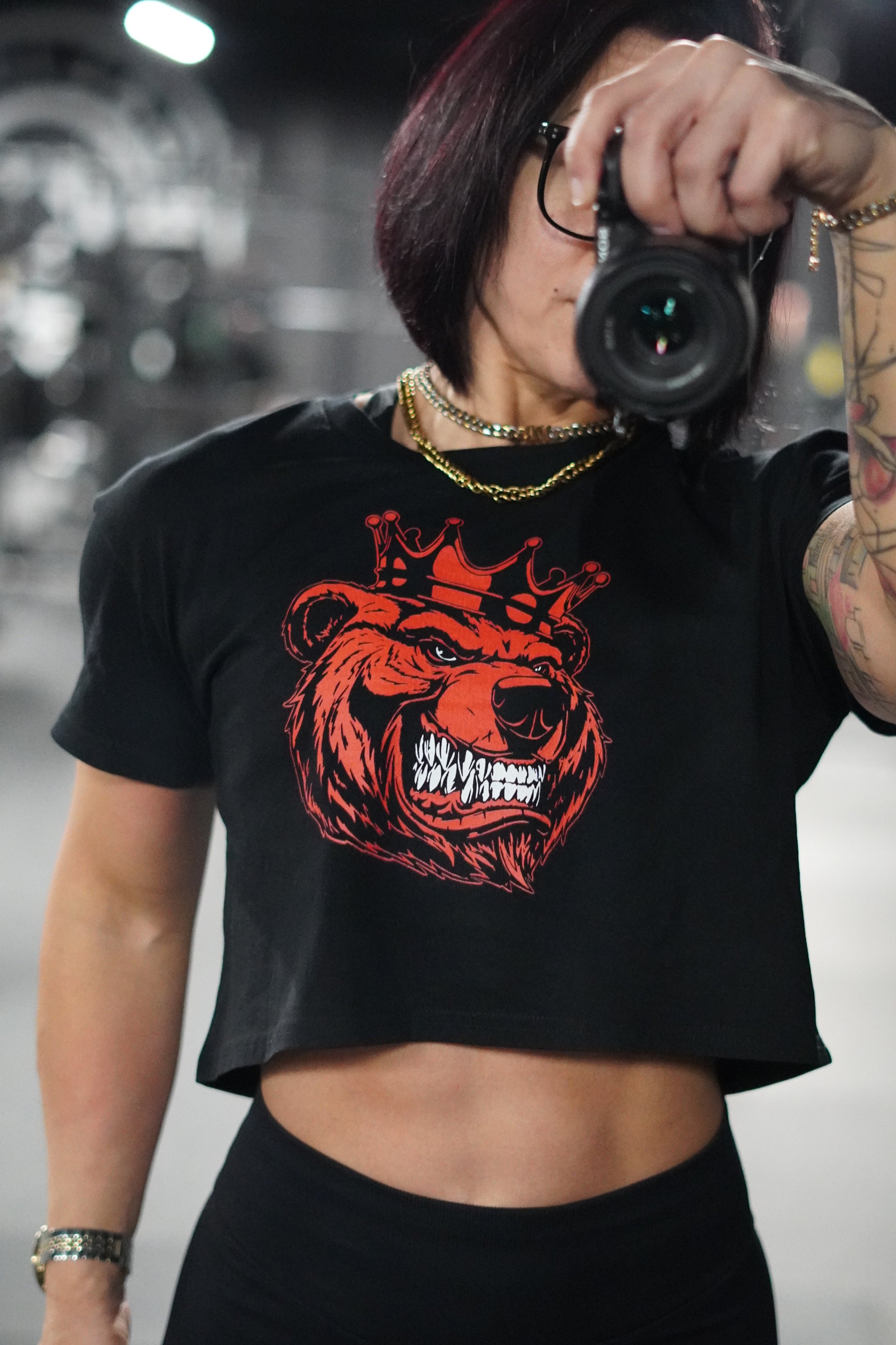 Women Bear With Crown Red Print crop top - Bearclothing 