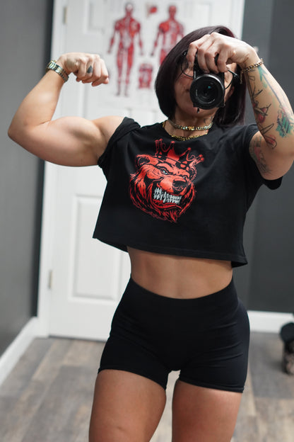 Women Bear With Crown Red Print crop top - Bearclothing 