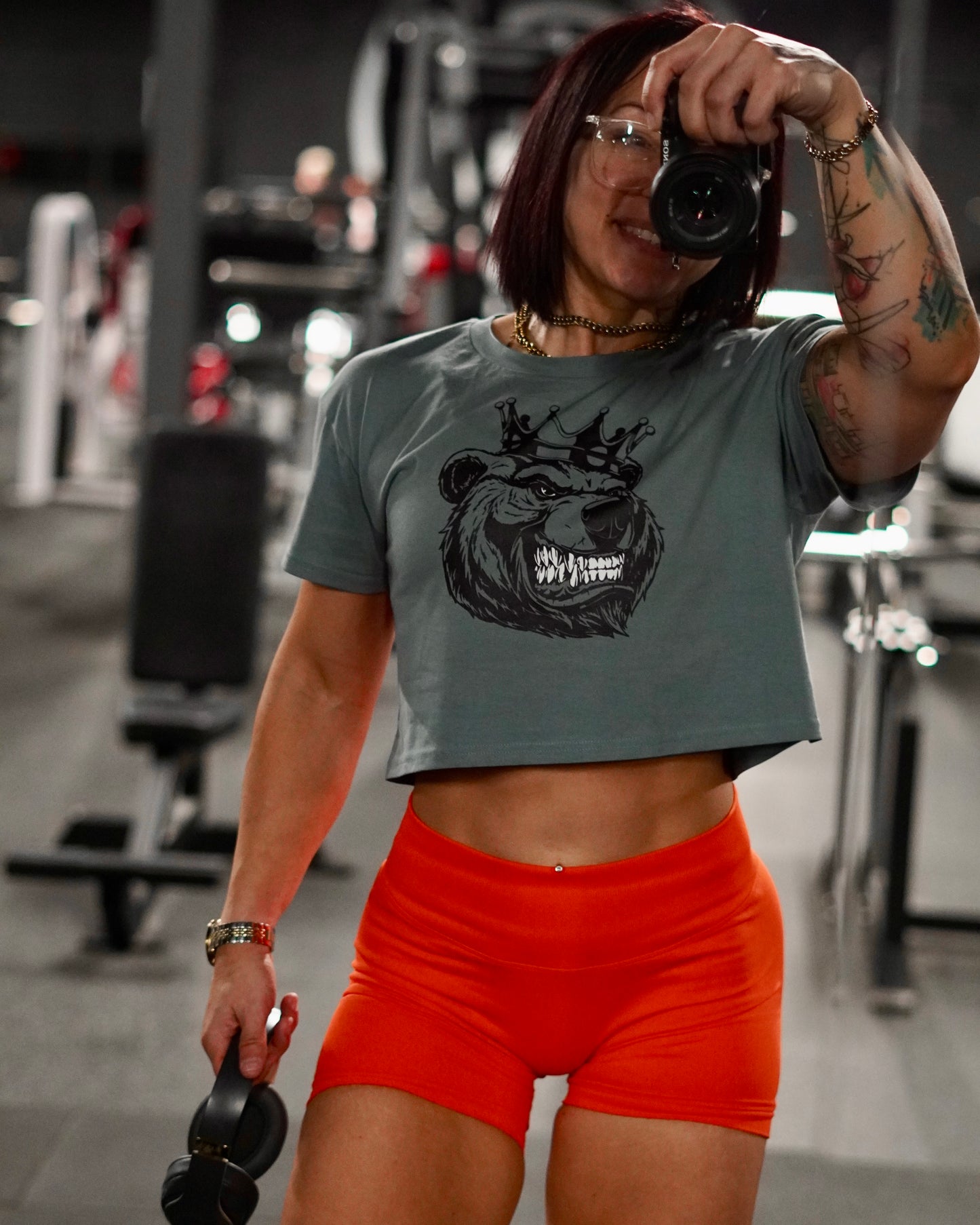 Women Black Print Bear With Crown crop top - Bearclothing 