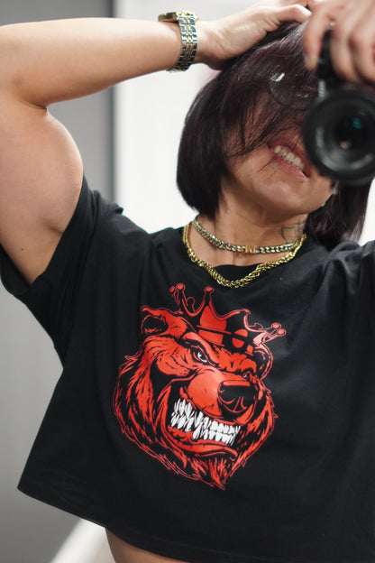 Women Bear With Crown Red Print crop top - Bearclothing 