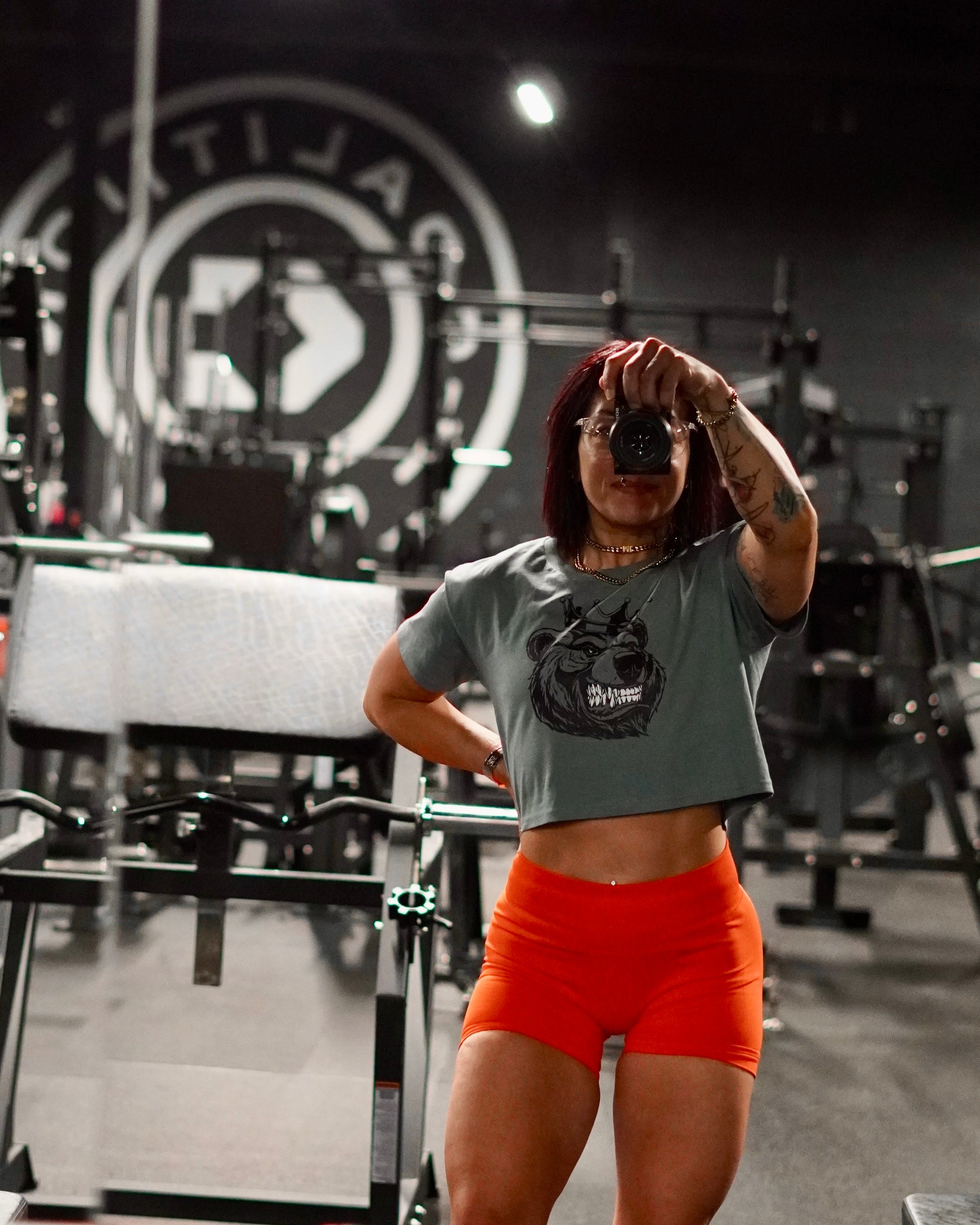 Women Black Print Bear With Crown crop top - Bearclothing 
