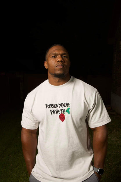 Men Embroidered Rose Your Worth Oversized Premium T-Shirt - Bearclothing 