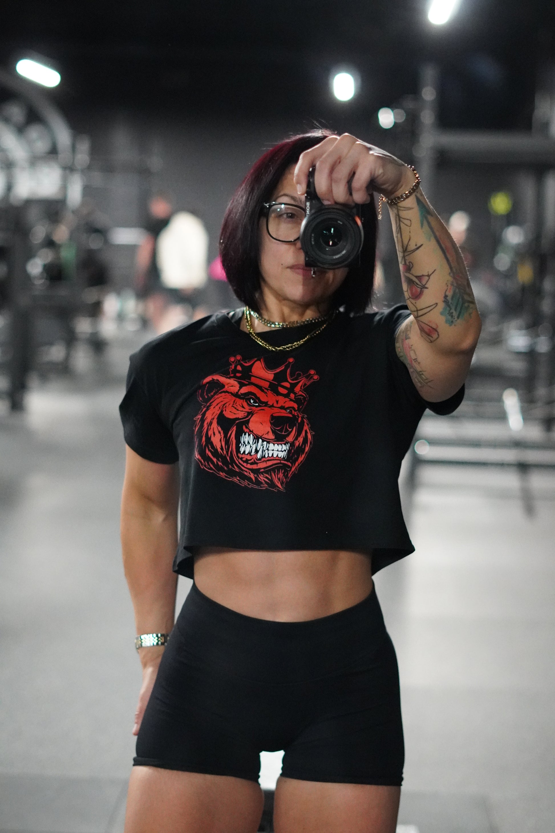 Women Bear With Crown Red Print crop top - Bearclothing 